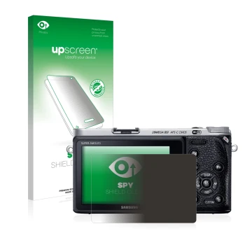 Parte frontal de un envase de producto con el logotipo de la marca upscreen. Al lado se muestra el dispositivo Samsung NX500 c