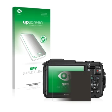 Parte frontal de un envase de producto con el logotipo de la marca upscreen. Al lado se muestra el dispositivo Nikon Coolpix A