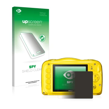 Parte frontal de un envase de producto con el logotipo de la marca upscreen. Al lado se muestra el dispositivo Nikon Coolpix S