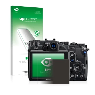 Parte frontal de un envase de producto con el logotipo de la marca upscreen. Al lado se muestra el dispositivo Nikon Coolpix S