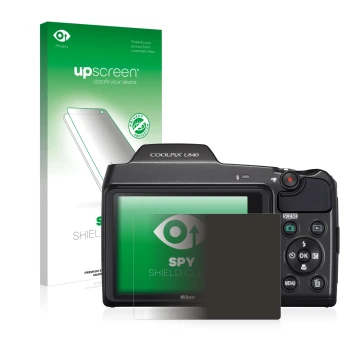 Parte frontal de un envase de producto con el logotipo de la marca upscreen. Al lado se muestra el dispositivo Nikon Coolpix L