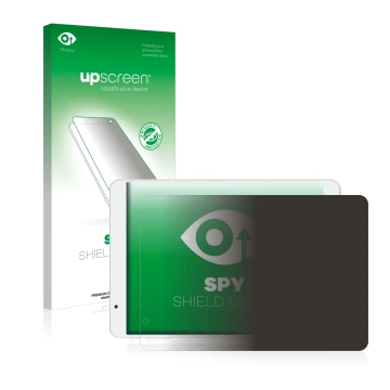 Parte frontal de un envase de producto con el logotipo de la marca upscreen. Al lado se muestra el dispositivo Teclast X89HD c