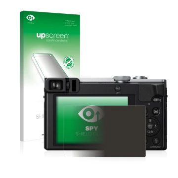 Parte frontal de un envase de producto con el logotipo de la marca upscreen. Al lado se muestra el dispositivo Panasonic Lumix