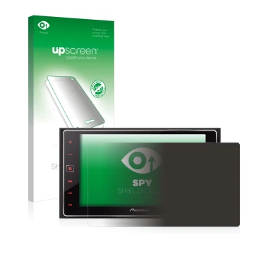 Parte frontal de un envase de producto con el logotipo de la marca upscreen. Al lado se muestra el dispositivo Pioneer SPH-DA1