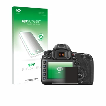 Parte frontal de un envase de producto con el logotipo de la marca upscreen. Al lado se muestra el dispositivo Canon EOS 5DS R