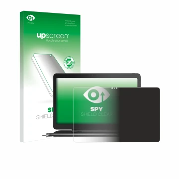 Parte frontal de un envase de producto con el logotipo de la marca upscreen. Al lado se muestra el dispositivo Dell Latitude 1