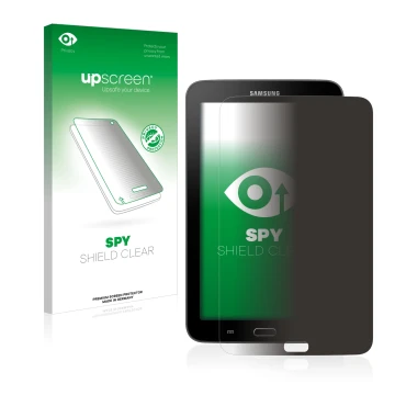 Parte frontal de un envase de producto con el logotipo de la marca upscreen. Al lado se muestra el dispositivo Samsung Galaxy 