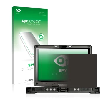 Parte frontal de un envase de producto con el logotipo de la marca upscreen. Al lado se muestra el dispositivo Getac V110 con 