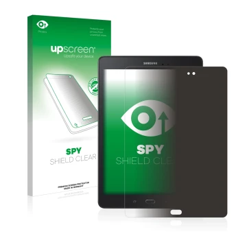 Parte frontal de un envase de producto con el logotipo de la marca upscreen. Al lado se muestra el dispositivo Samsung Galaxy 