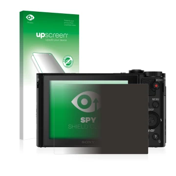 Parte frontal de un envase de producto con el logotipo de la marca upscreen. Al lado se muestra el dispositivo Sony Cyber-Shot