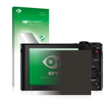 Parte frontal de un envase de producto con el logotipo de la marca upscreen. Al lado se muestra el dispositivo Sony Cyber-Shot