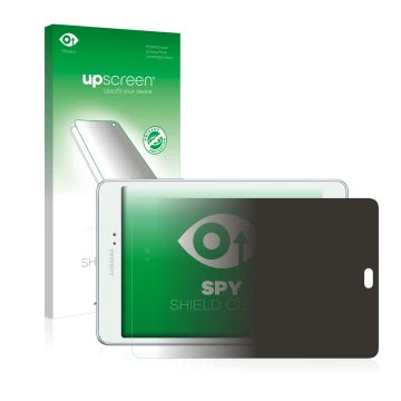 Parte frontal de un envase de producto con el logotipo de la marca upscreen. Al lado se muestra el dispositivo Samsung Galaxy 