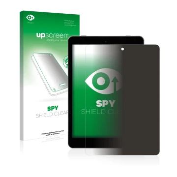 Parte frontal de un envase de producto con el logotipo de la marca upscreen. Al lado se muestra el dispositivo Kiano SlimTab 8