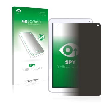 Parte frontal de un envase de producto con el logotipo de la marca upscreen. Al lado se muestra el dispositivo Odys Maven 10 c