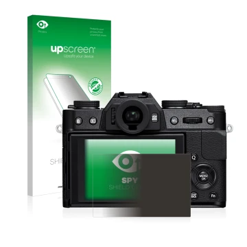 Parte frontal de un envase de producto con el logotipo de la marca upscreen. Al lado se muestra el dispositivo Fujifilm X-T10 
