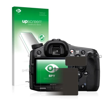 Parte frontal de un envase de producto con el logotipo de la marca upscreen. Al lado se muestra el dispositivo Sony Alpha 77 (