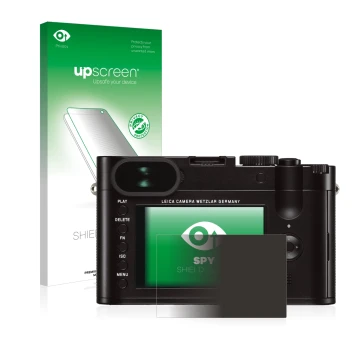 Parte frontal de un envase de producto con el logotipo de la marca upscreen. Al lado se muestra el dispositivo Leica Q (Typ 11