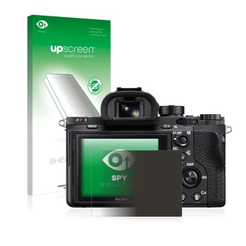 Parte frontal de un envase de producto con el logotipo de la marca upscreen. Al lado se muestra el dispositivo Sony Alpha 7R I
