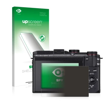 Parte frontal de un envase de producto con el logotipo de la marca upscreen. Al lado se muestra el dispositivo Canon PowerShot