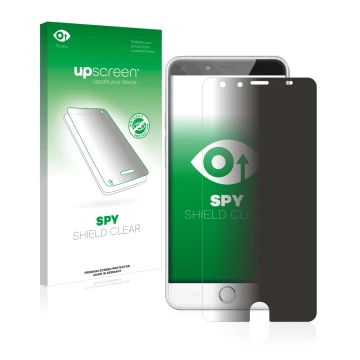 Parte frontal de un envase de producto con el logotipo de la marca upscreen. Al lado se muestra el dispositivo Ulefone Be Touc
