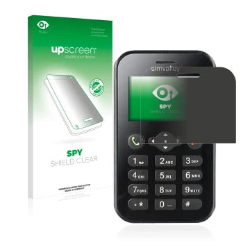 Parte frontal de un envase de producto con el logotipo de la marca upscreen. Al lado se muestra el dispositivo Simvalley Mobil
