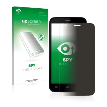 Parte frontal de un envase de producto con el logotipo de la marca upscreen. Al lado se muestra el dispositivo Doogee Valencia