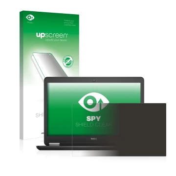 Parte frontal de un envase de producto con el logotipo de la marca upscreen. Al lado se muestra el dispositivo Dell Latitude 1
