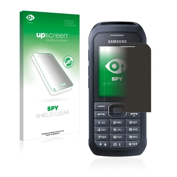Parte frontal de un envase de producto con el logotipo de la marca upscreen. Al lado se muestra el dispositivo Samsung Xcover 