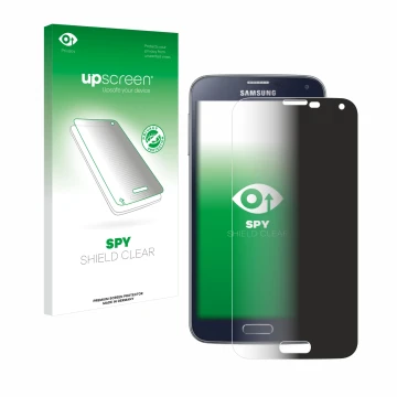Parte frontal de un envase de producto con el logotipo de la marca upscreen. Al lado se muestra el dispositivo Samsung Galaxy 