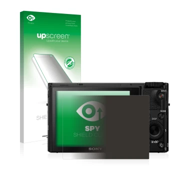 Parte frontal de un envase de producto con el logotipo de la marca upscreen. Al lado se muestra el dispositivo Sony Cyber-Shot
