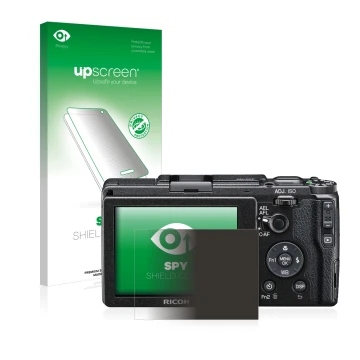 Parte frontal de un envase de producto con el logotipo de la marca upscreen. Al lado se muestra el dispositivo Ricoh GR II 201