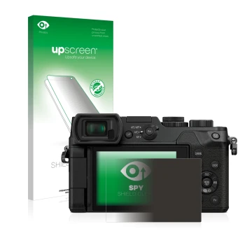 Parte frontal de un envase de producto con el logotipo de la marca upscreen. Al lado se muestra el dispositivo Panasonic Lumix