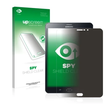 Parte frontal de un envase de producto con el logotipo de la marca upscreen. Al lado se muestra el dispositivo Samsung Galaxy 