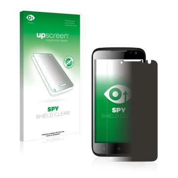 Parte frontal de un envase de producto con el logotipo de la marca upscreen. Al lado se muestra el dispositivo Yezz Andy 4.5EL