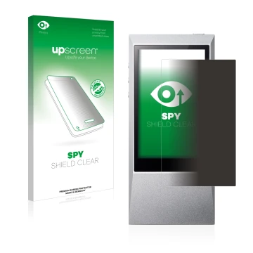 Parte frontal de un envase de producto con el logotipo de la marca upscreen. Al lado se muestra el dispositivo Astell&Kern AK 