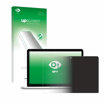 Parte frontal de un envase de producto con el logotipo de la marca upscreen. Al lado se muestra el dispositivo Apple MacBook R