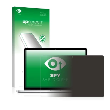 Parte frontal de un envase de producto con el logotipo de la marca upscreen. Al lado se muestra el dispositivo Apple MacBook P