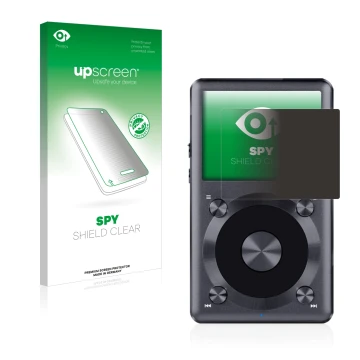 Parte frontal de un envase de producto con el logotipo de la marca upscreen. Al lado se muestra el dispositivo FiiO X3 II con 