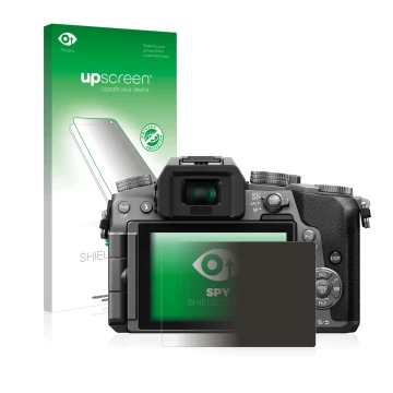 Parte frontal de un envase de producto con el logotipo de la marca upscreen. Al lado se muestra el dispositivo Panasonic Lumix