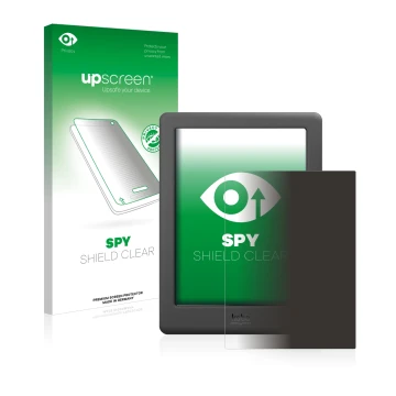 Parte frontal de un envase de producto con el logotipo de la marca upscreen. Al lado se muestra el dispositivo Kobo Glo HD con