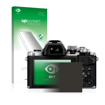 Parte frontal de un envase de producto con el logotipo de la marca upscreen. Al lado se muestra el dispositivo Olympus OM-D E-