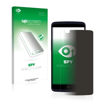 Parte frontal de un envase de producto con el logotipo de la marca upscreen. Al lado se muestra el dispositivo ZTE Axon Elite 