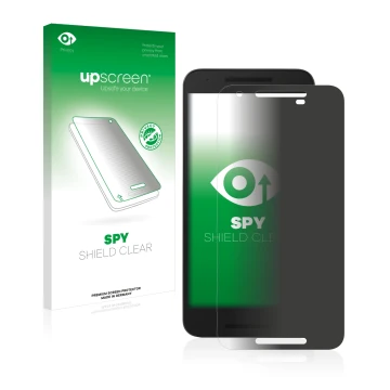 Parte frontal de un envase de producto con el logotipo de la marca upscreen. Al lado se muestra el dispositivo LG Nexus 5X con