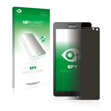 Parte frontal de un envase de producto con el logotipo de la marca upscreen. Al lado se muestra el dispositivo Microsoft Lumia