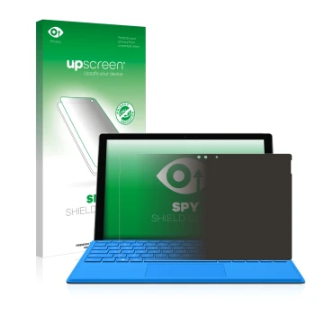 Parte frontal de un envase de producto con el logotipo de la marca upscreen. Al lado se muestra el dispositivo Microsoft Surfa