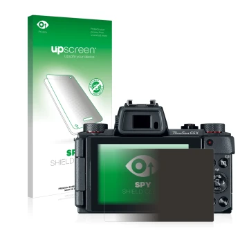 Parte frontal de un envase de producto con el logotipo de la marca upscreen. Al lado se muestra el dispositivo Canon PowerShot
