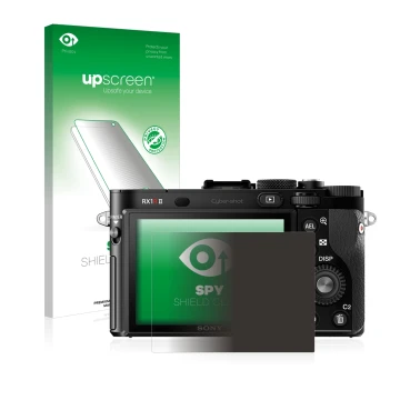 Parte frontal de un envase de producto con el logotipo de la marca upscreen. Al lado se muestra el dispositivo Sony Cyber-Shot