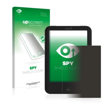 Parte frontal de un envase de producto con el logotipo de la marca upscreen. Al lado se muestra el dispositivo Tolino Shine 2 