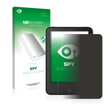 Parte frontal de un envase de producto con el logotipo de la marca upscreen. Al lado se muestra el dispositivo Tolino Vision 3