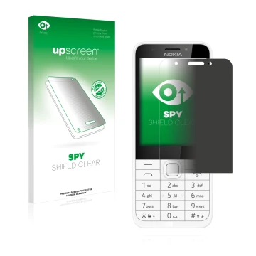 Parte frontal de un envase de producto con el logotipo de la marca upscreen. Al lado se muestra el dispositivo Nokia 230 con s